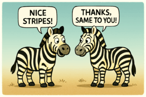 A cartoon of two zebras comparing stripes